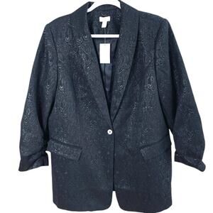 NEW LOGO Lavish Size L Metallic Jacquard Blazer Jacket Black Ruched Sleeve